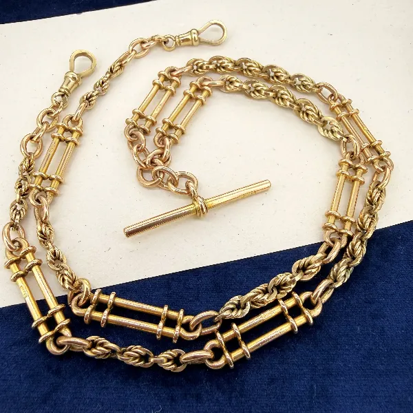 Heavy Antique 9ct Yellow Gold Rope and Bar Link Albert Chain — image 3