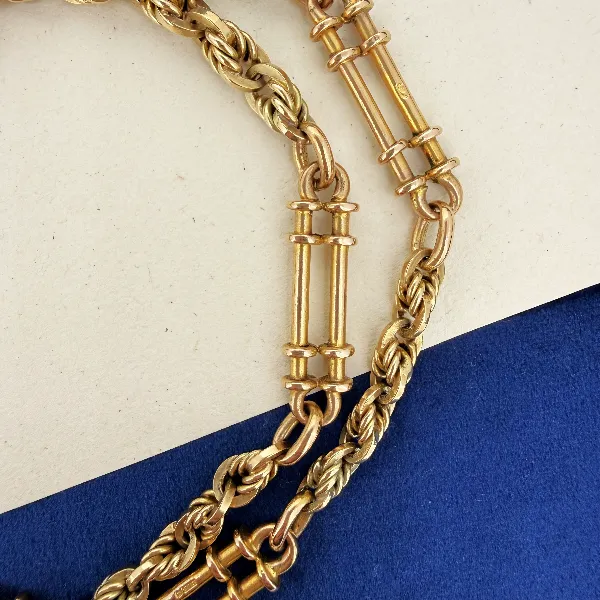Heavy Antique 9ct Yellow Gold Rope and Bar Link Albert Chain — image 7