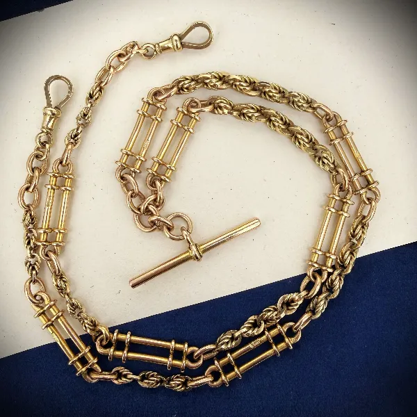 Heavy Antique 9ct Yellow Gold Rope and Bar Link Albert Chain