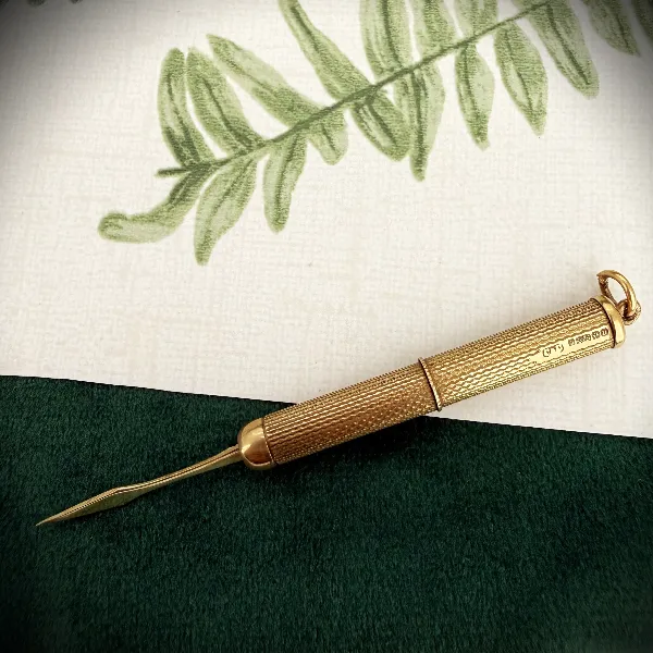 Vintage 9ct Gold Retractable Toothpick Pendant, Birmingham 1969