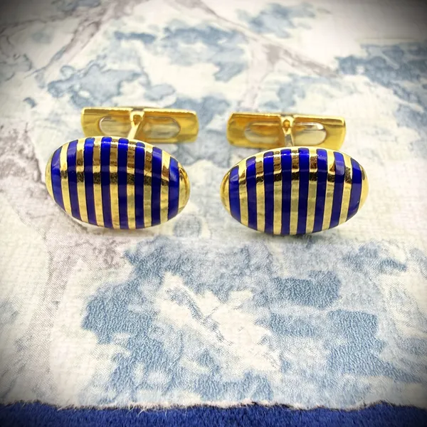 Vintage 18ct Yellow Gold Blue Enamelled Cufflinks, Sheffield 1992
