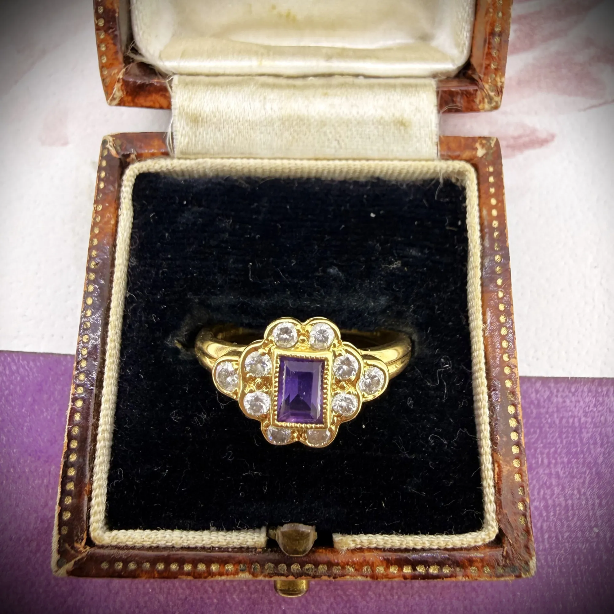 18ct Yellow Gold Art Deco-Inspired Amethyst & Diamond Ring, London 1995