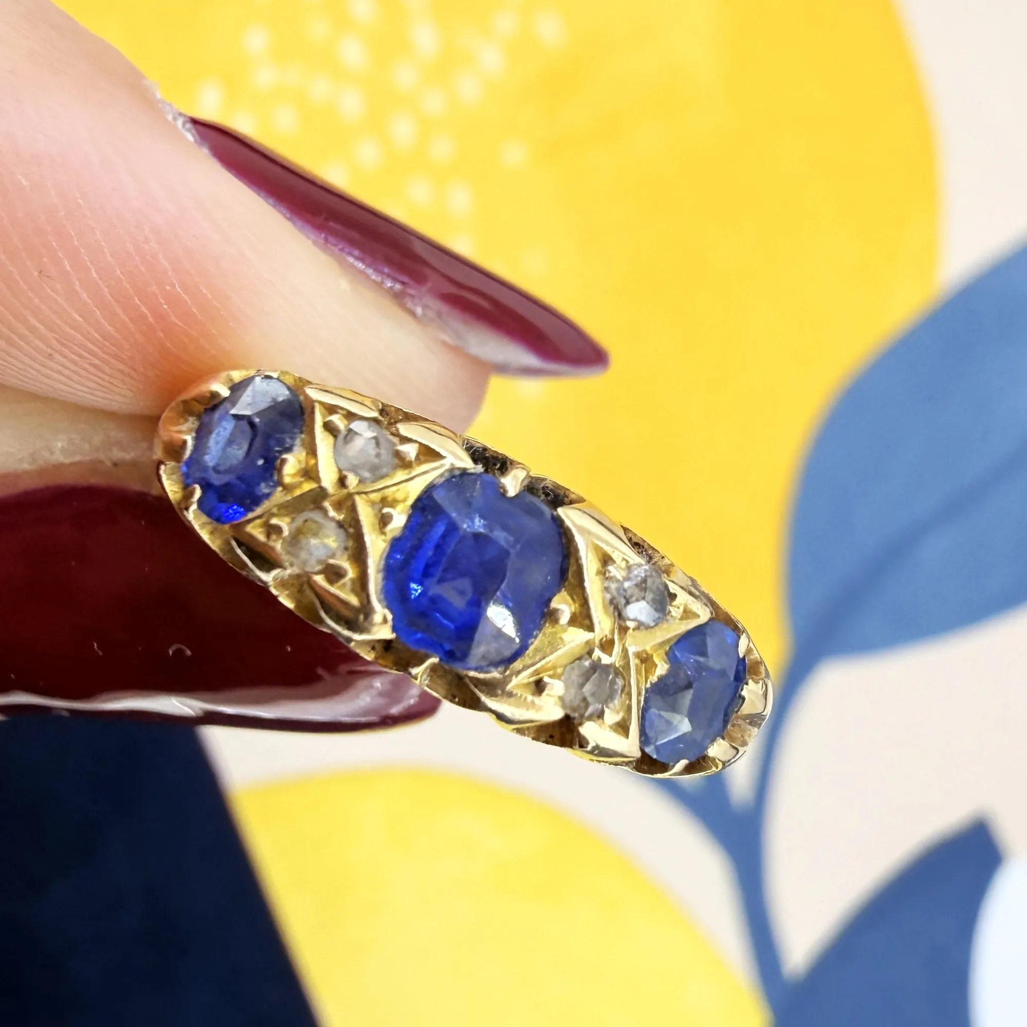 Antique 18ct Yellow Gold Sapphire and Diamond Ring, Chester 1908 — image 5