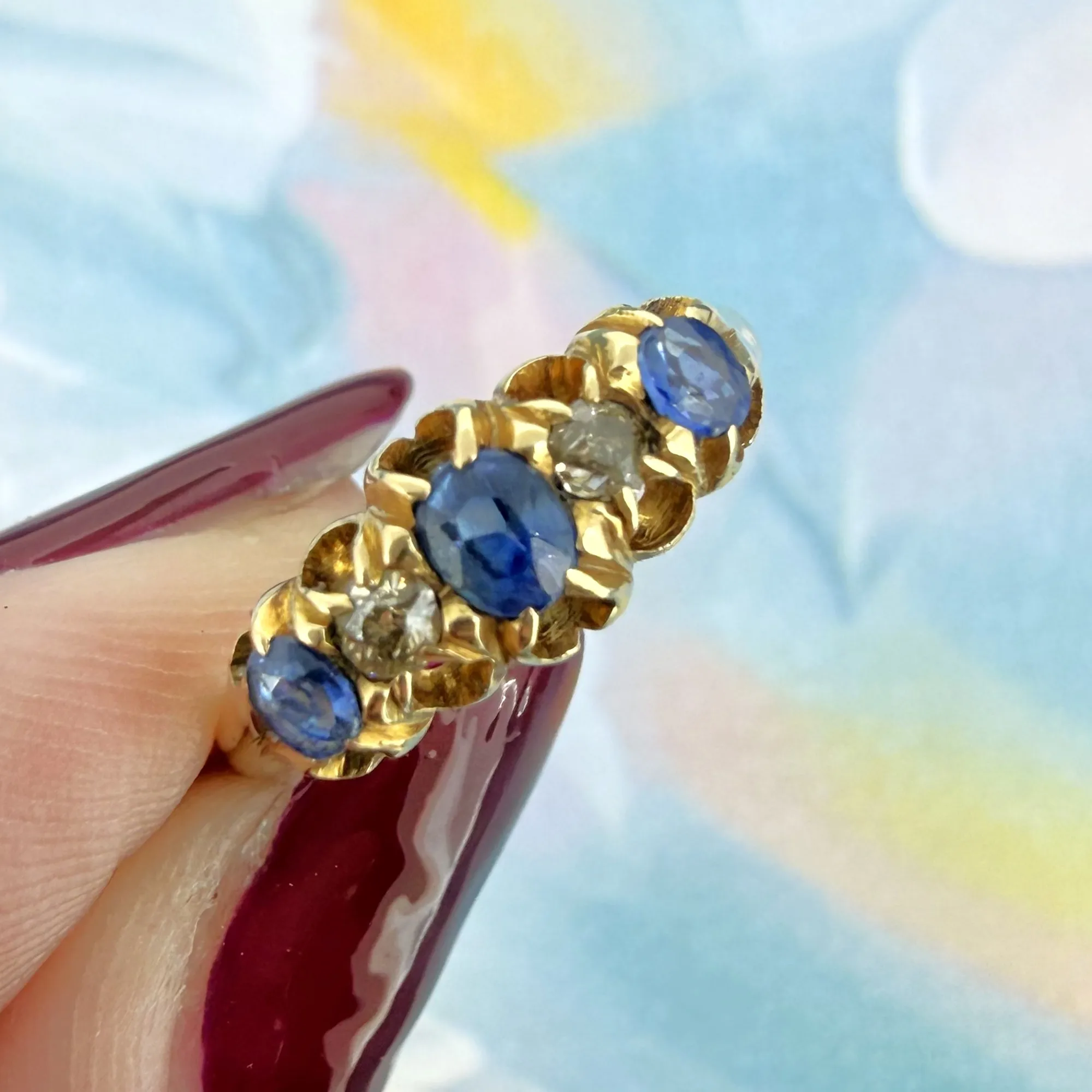 Antique 18ct Yellow Gold Sapphire & Diamond Ring, Chester 1900 — image 5