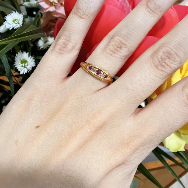 Edwardian 18ct Gold Ruby & Diamond Boat Ring, Chester 1906 — image 11