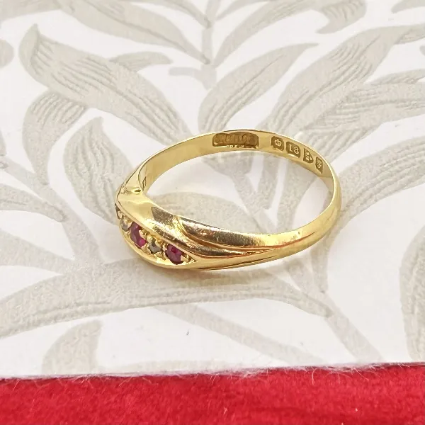 Edwardian 18ct Gold Ruby & Diamond Boat Ring, Chester 1906 — image 6