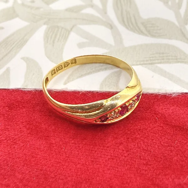 Edwardian 18ct Gold Ruby & Diamond Boat Ring, Chester 1906 — image 7