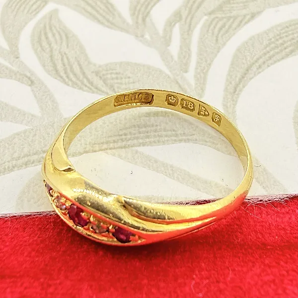 Edwardian 18ct Gold Ruby & Diamond Boat Ring, Chester 1906 — image 8