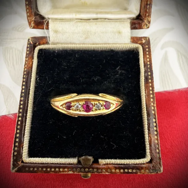 Edwardian 18ct Gold Ruby & Diamond Boat Ring, Chester 1906