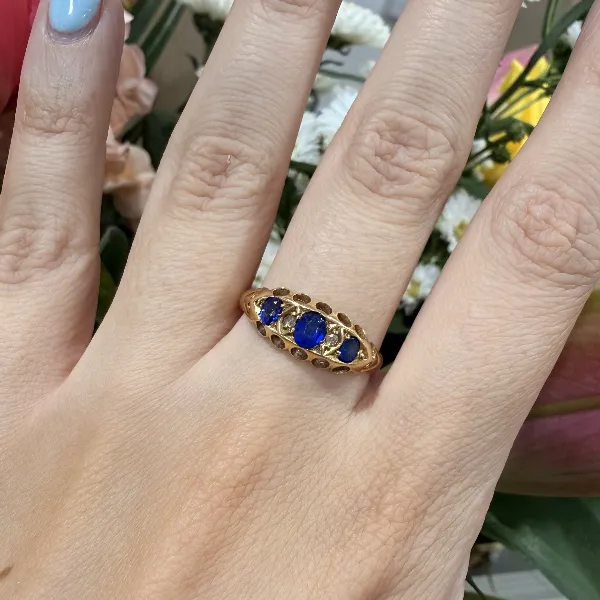 Antique Edwardian 18ct Gold Sapphire & Diamond Boat Ring, Birmingham 1915 — image 11
