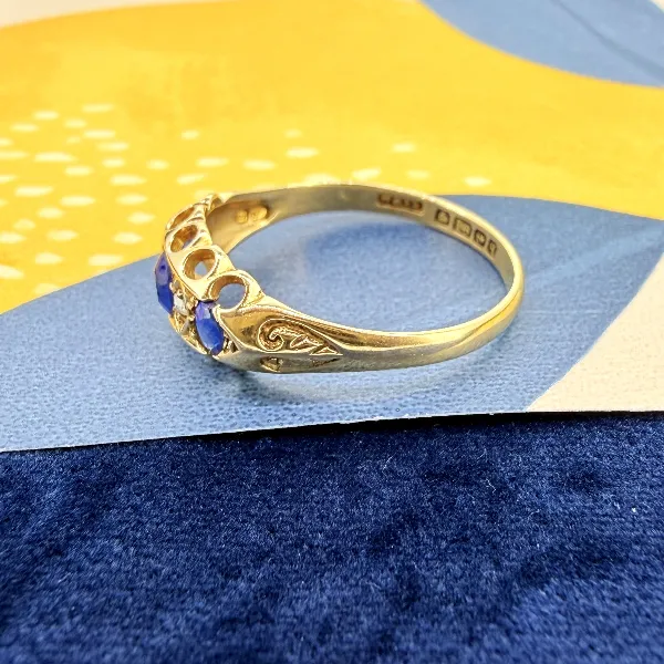 Antique Edwardian 18ct Gold Sapphire & Diamond Boat Ring, Birmingham 1915 — image 6