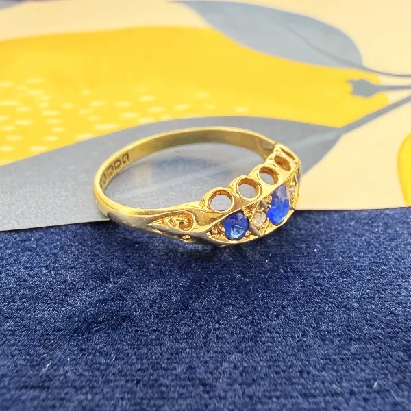 Antique Edwardian 18ct Gold Sapphire & Diamond Boat Ring, Birmingham 1915 — image 7