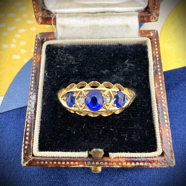 Antique Edwardian 18ct Gold Sapphire & Diamond Boat Ring, Birmingham 1915