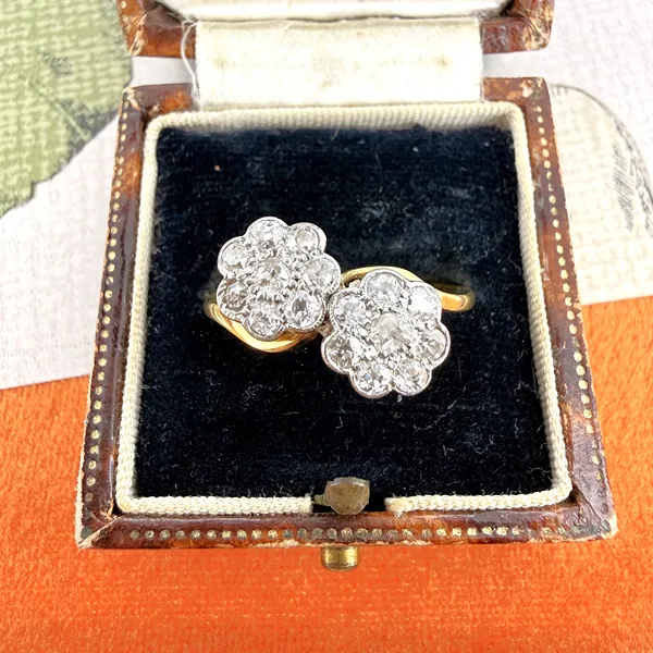 Antique 18ct Yellow Gold & Platinum Double Daisy Cluster Diamond Ring — image 2