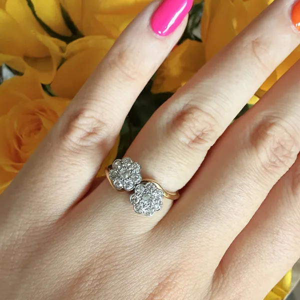 Antique 18ct Yellow Gold & Platinum Double Daisy Cluster Diamond Ring — image 11