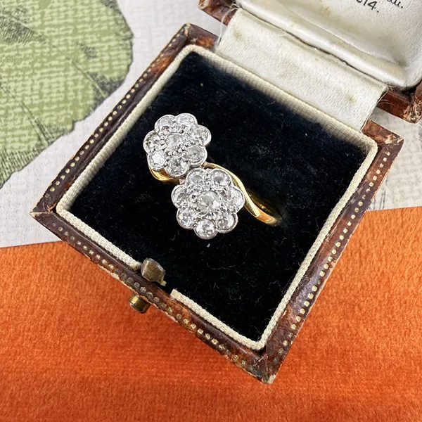 Antique 18ct Yellow Gold & Platinum Double Daisy Cluster Diamond Ring — image 3