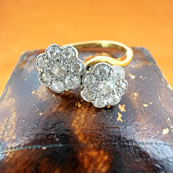 Antique 18ct Yellow Gold & Platinum Double Daisy Cluster Diamond Ring — image 4