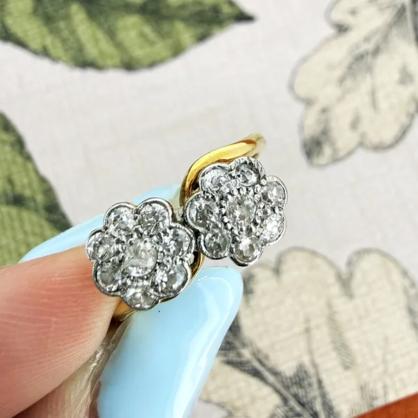 Antique 18ct Yellow Gold & Platinum Double Daisy Cluster Diamond Ring — image 5
