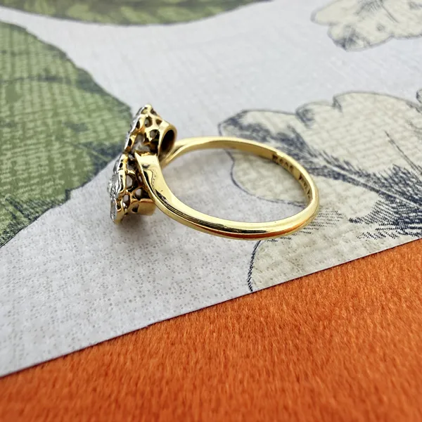 Antique 18ct Yellow Gold & Platinum Double Daisy Cluster Diamond Ring — image 6