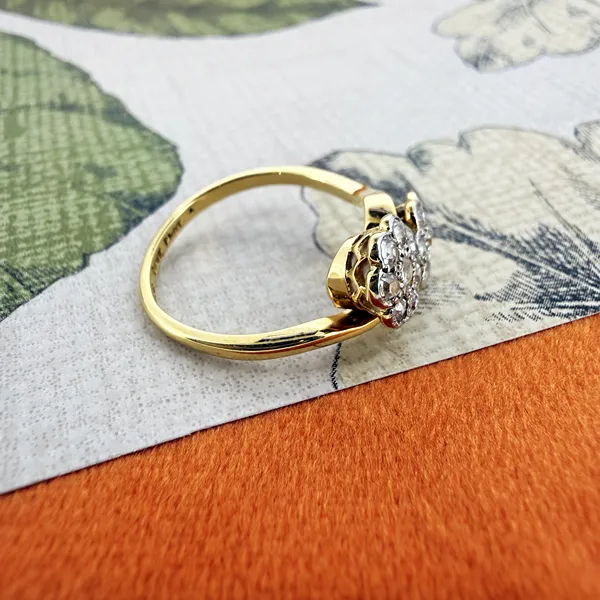 Antique 18ct Yellow Gold & Platinum Double Daisy Cluster Diamond Ring — image 7