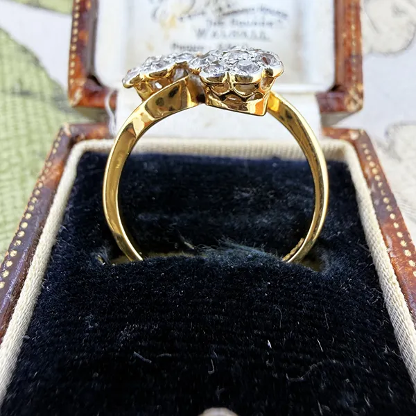 Antique 18ct Yellow Gold & Platinum Double Daisy Cluster Diamond Ring — image 9