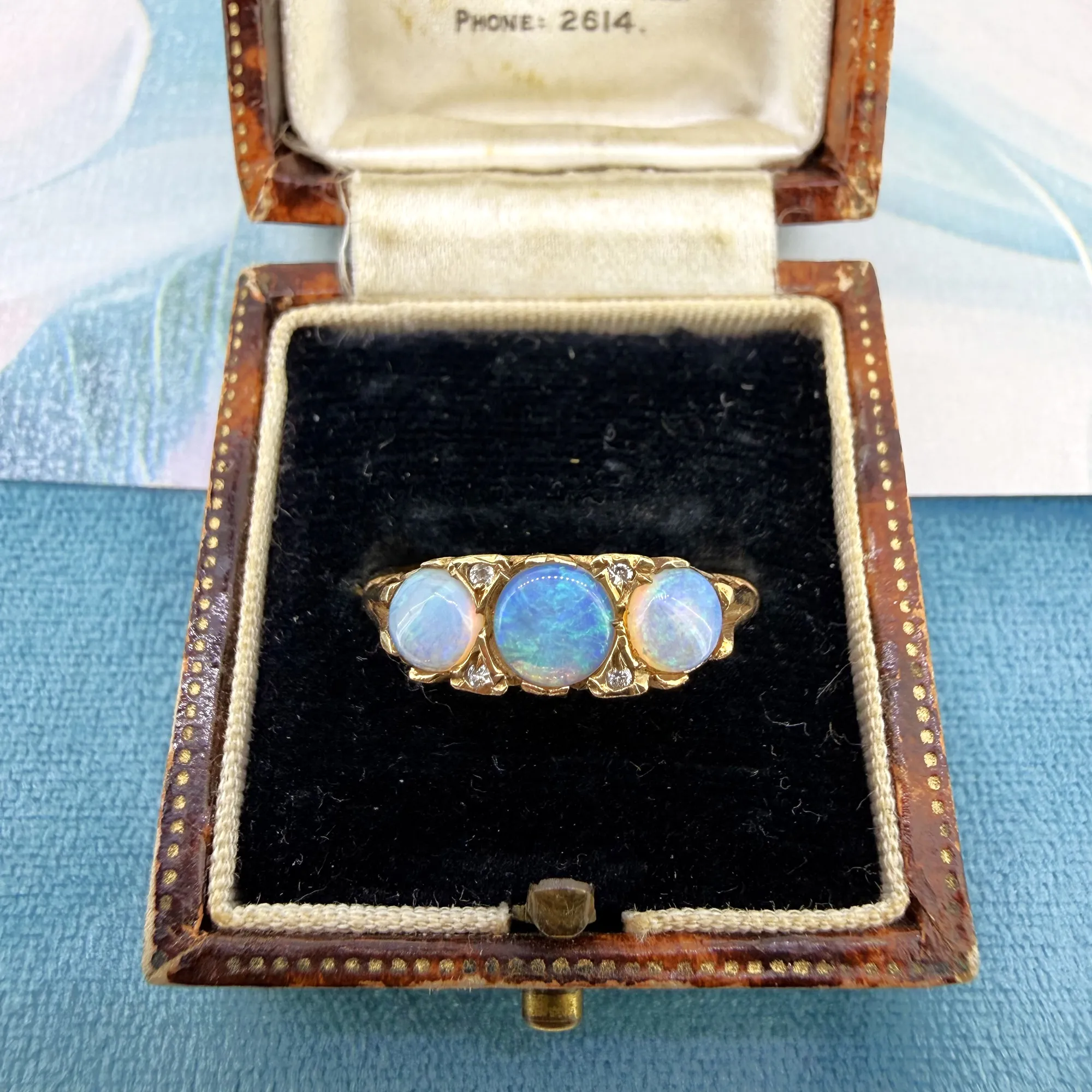 Vintage 9ct Yellow Gold Opal & Diamond Boat Ring, London 1984 — image 2