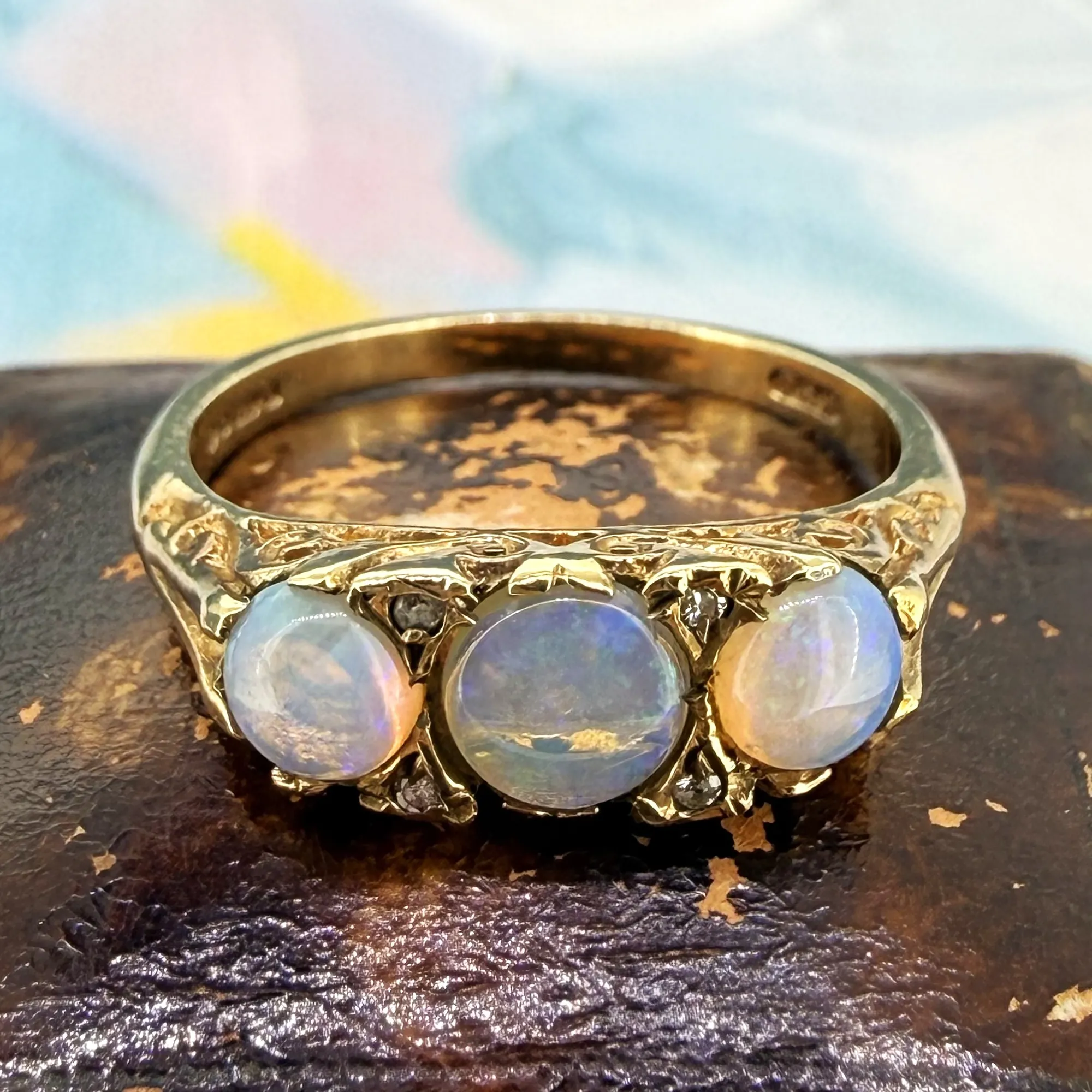 Vintage 9ct Yellow Gold Opal & Diamond Boat Ring, London 1984 — image 4