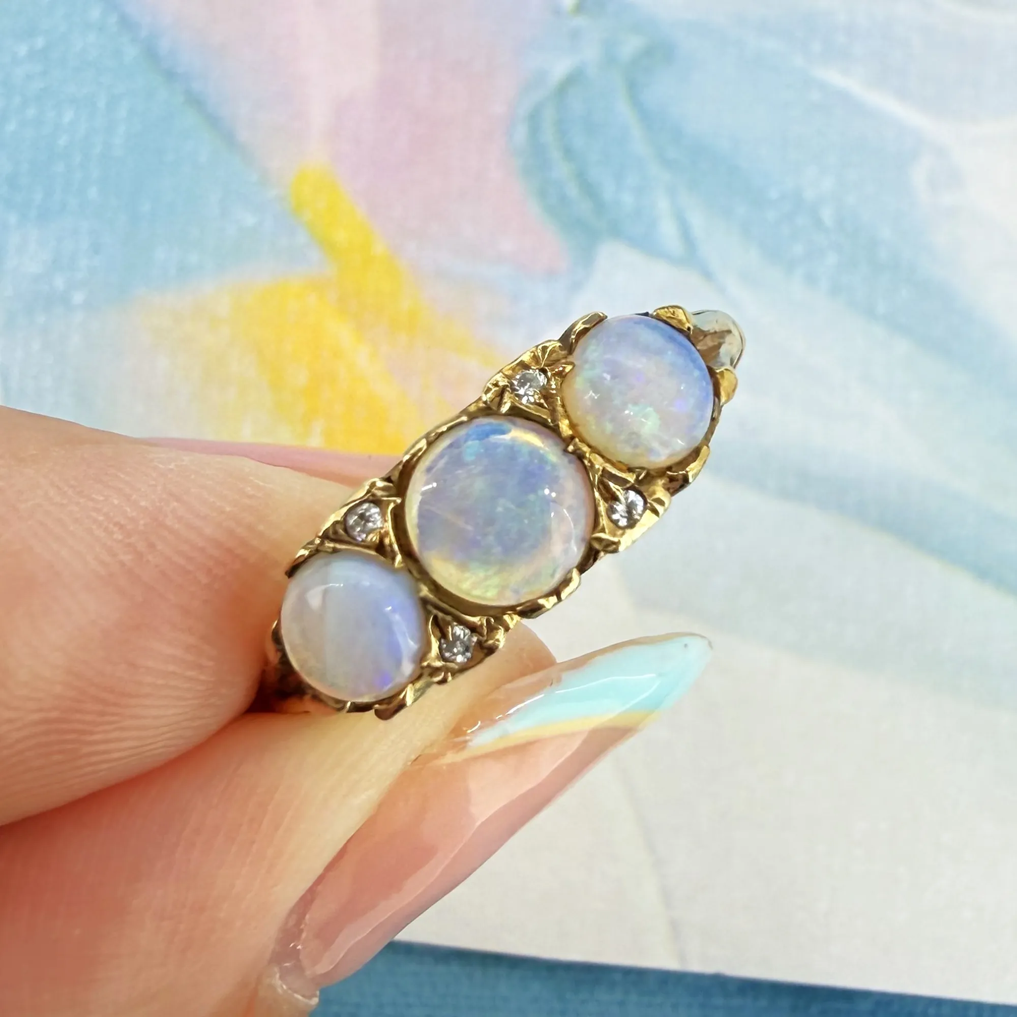 Vintage 9ct Yellow Gold Opal & Diamond Boat Ring, London 1984 — image 5