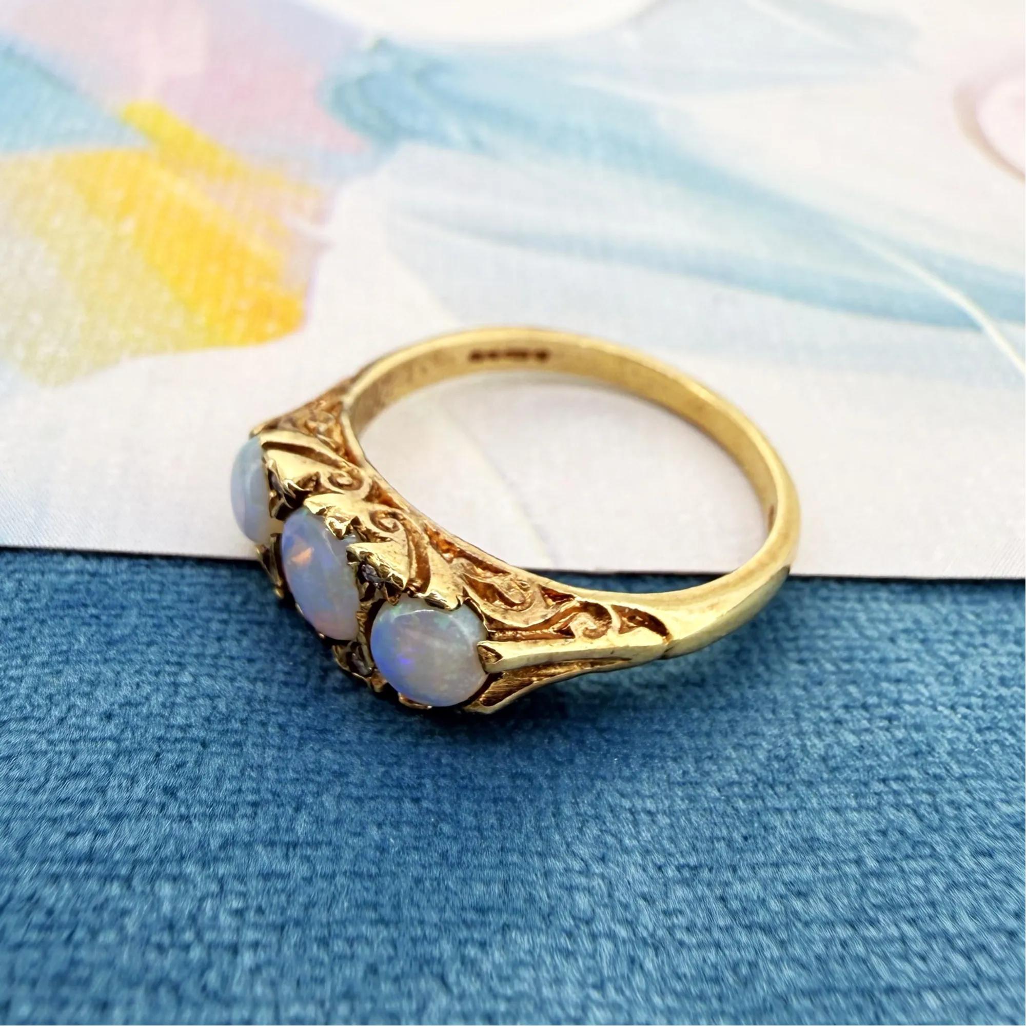 Vintage 9ct Yellow Gold Opal & Diamond Boat Ring, London 1984 — image 6