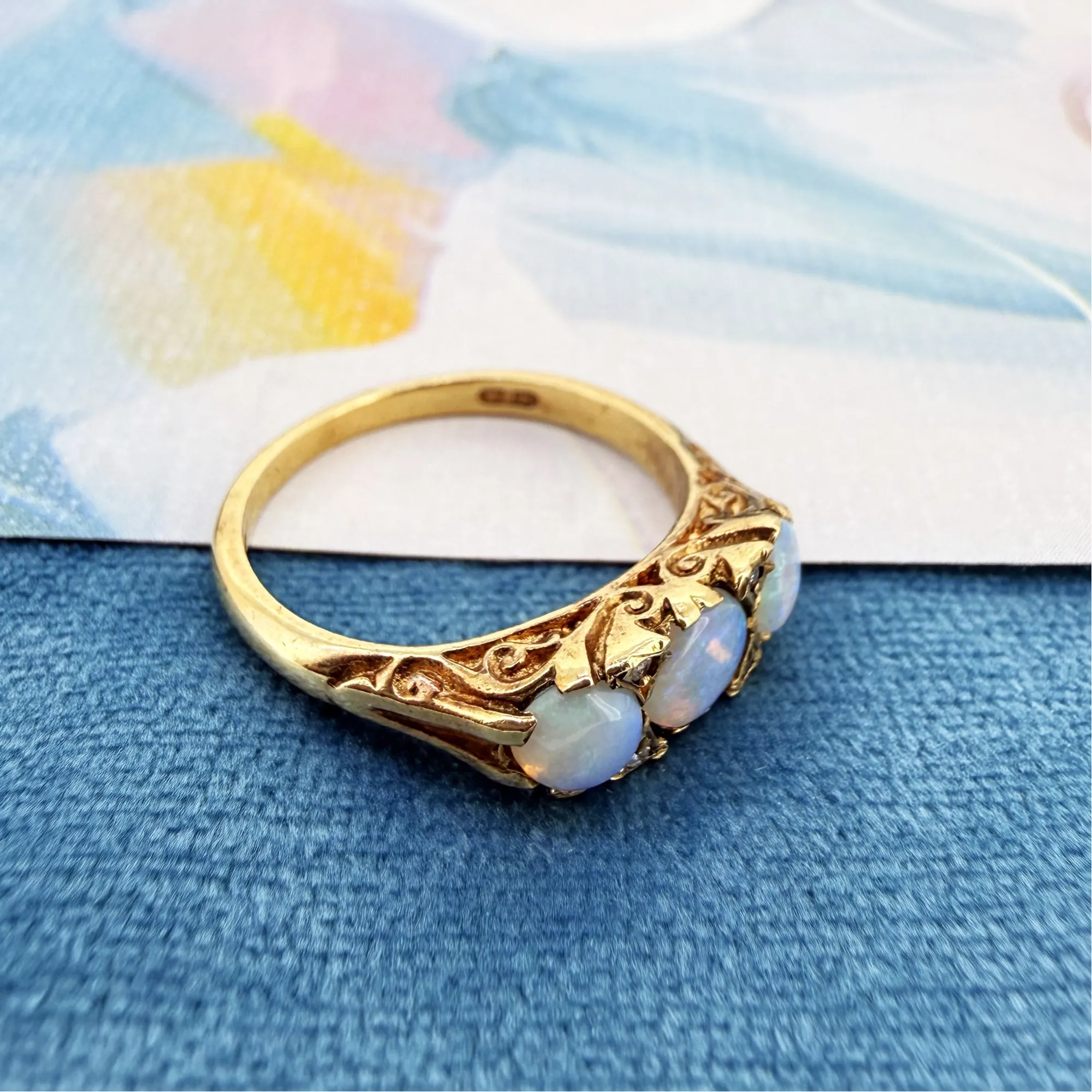 Vintage 9ct Yellow Gold Opal & Diamond Boat Ring, London 1984 — image 7