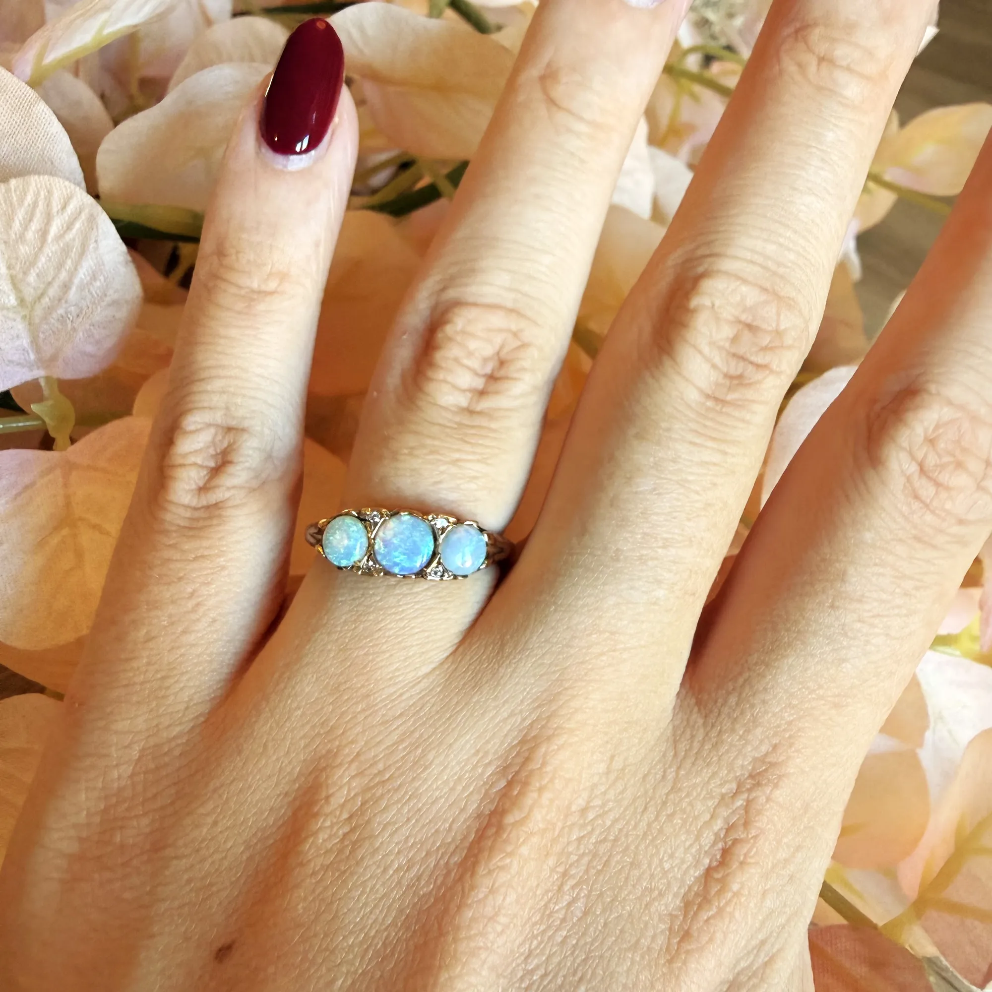 Vintage 9ct Yellow Gold Opal & Diamond Boat Ring, London 1984 — image 10