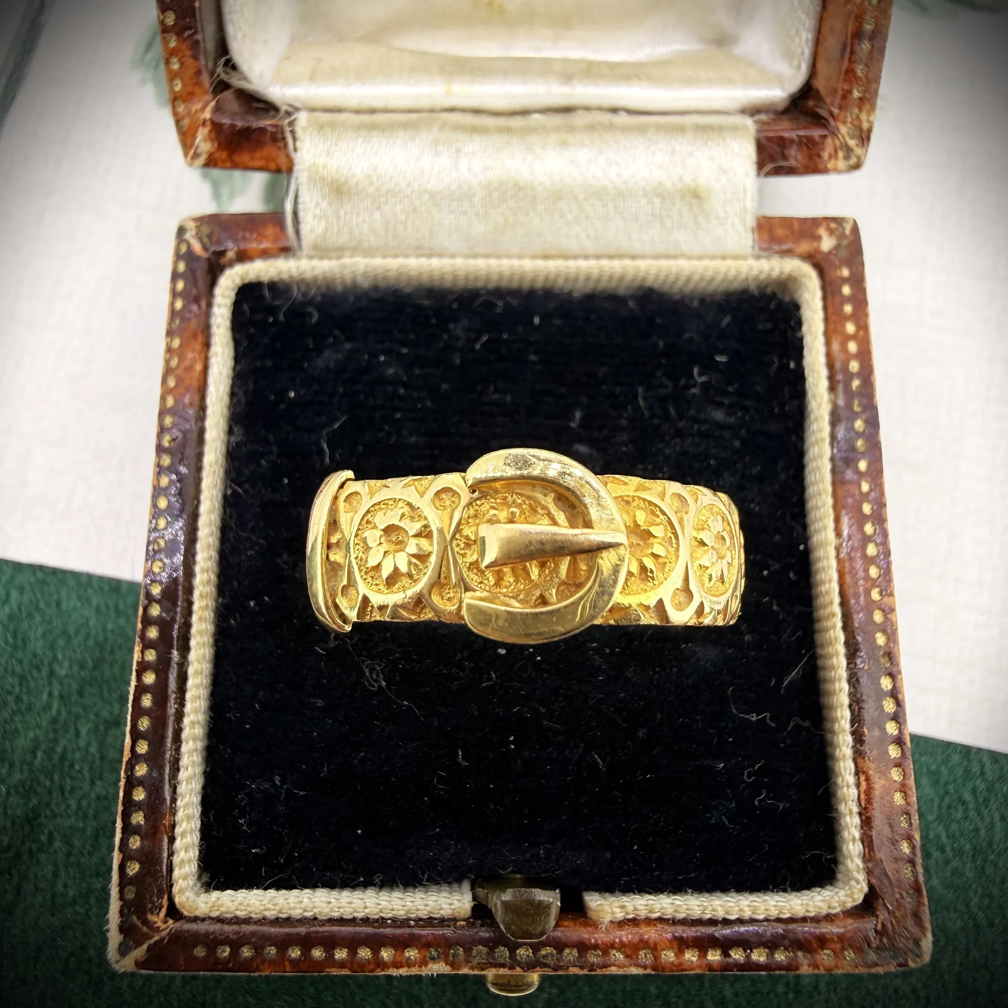 Antique 18ct Yellow Gold Floral Buckle Ring, Chester 1908