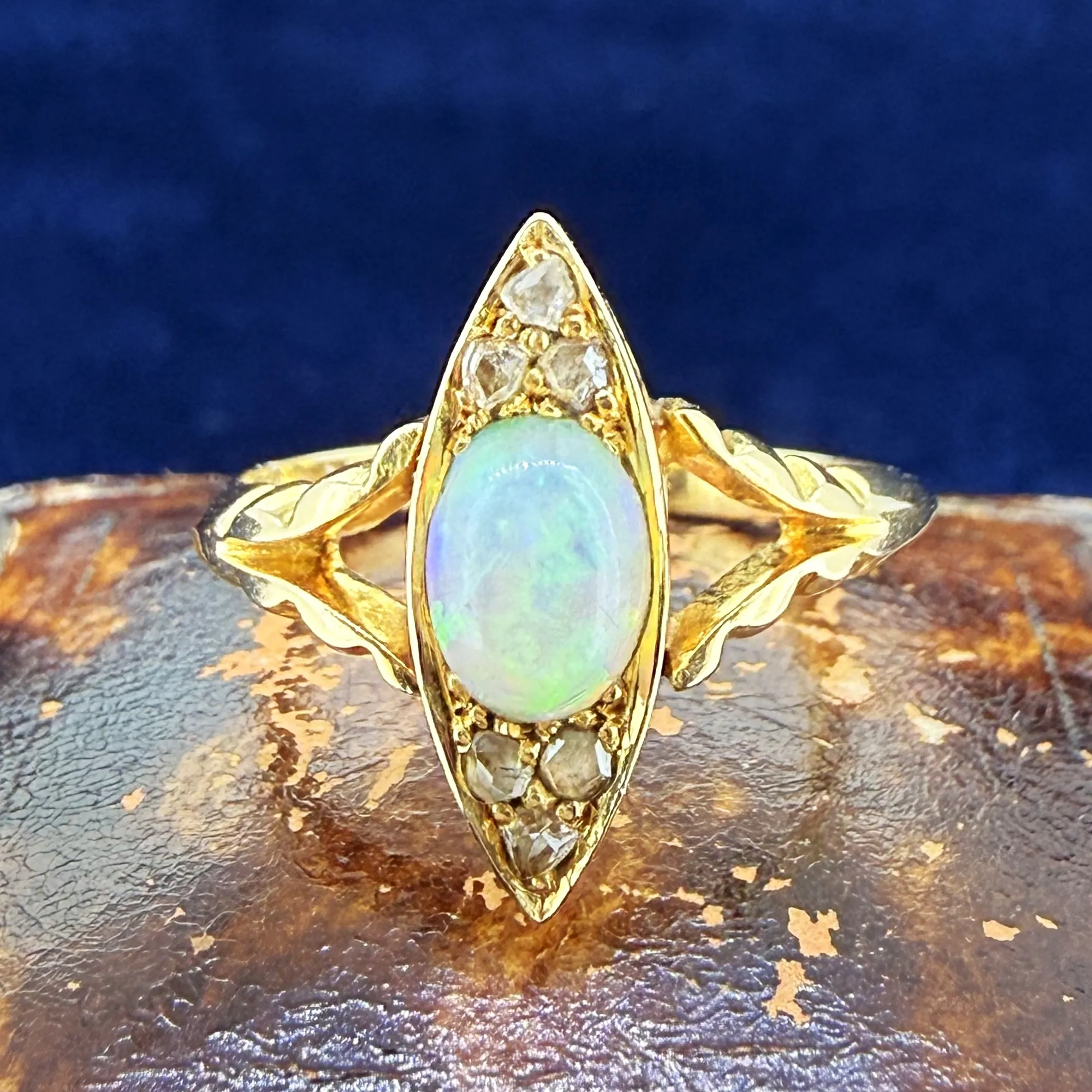 Antique 18ct Gold Opal & Diamond Navette Ring — image 4