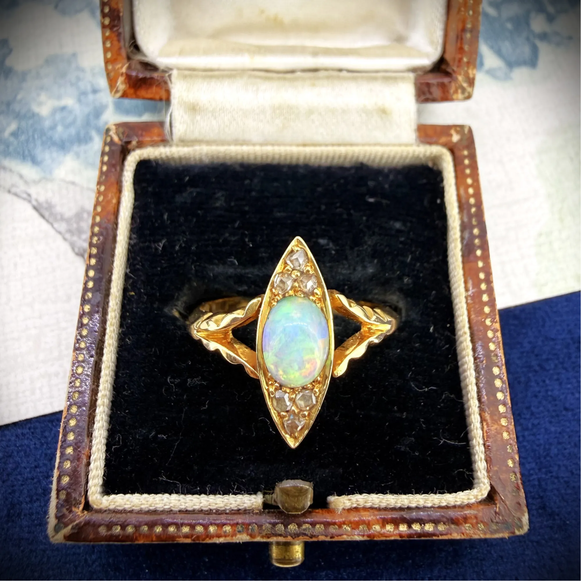 Antique 18ct Gold Opal & Diamond Navette Ring