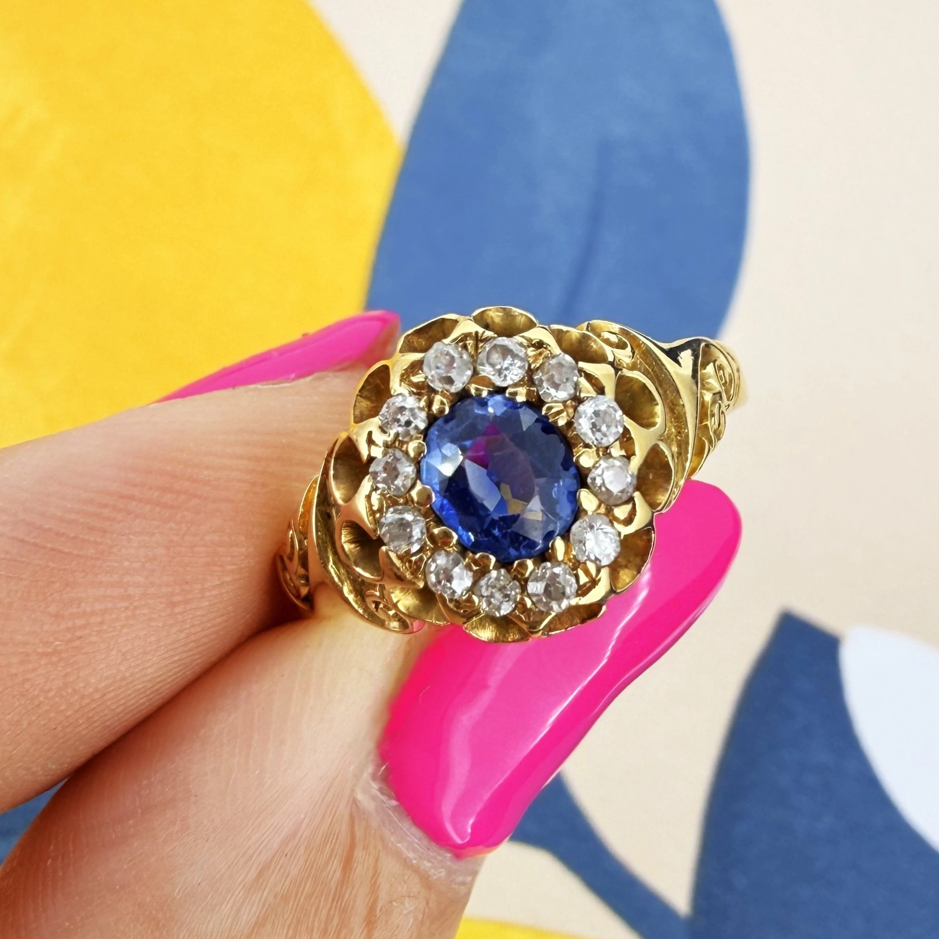 Antique 18ct Yellow Gold Sapphire and Diamond Cluster Ring — image 5