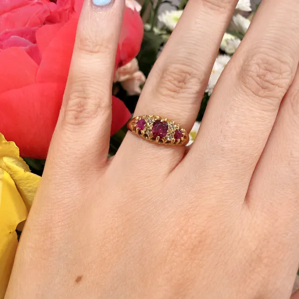 18ct Yellow Gold Antique Ruby and Diamond Boat Ring, Birmingham 1938 — image 11