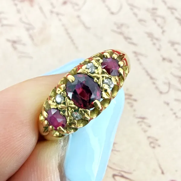 18ct Yellow Gold Antique Ruby and Diamond Boat Ring, Birmingham 1938 — image 5
