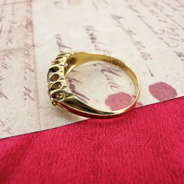 18ct Yellow Gold Antique Ruby and Diamond Boat Ring, Birmingham 1938 — image 6