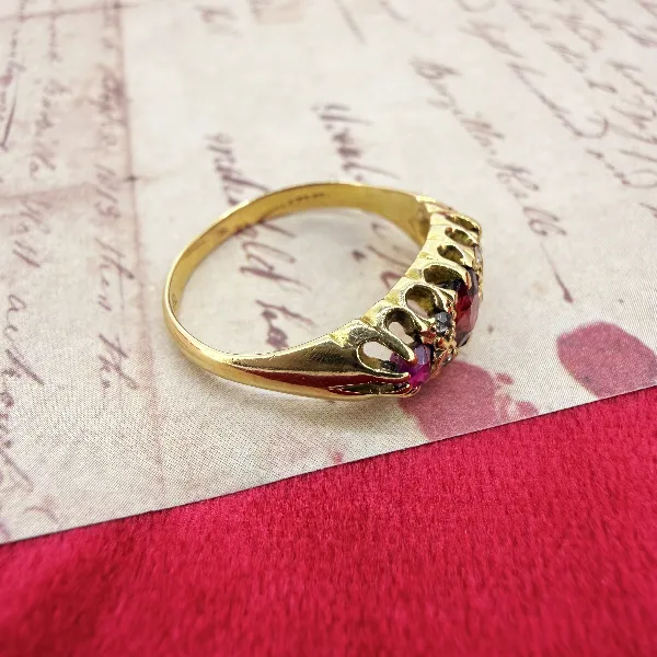 18ct Yellow Gold Antique Ruby and Diamond Boat Ring, Birmingham 1938 — image 7