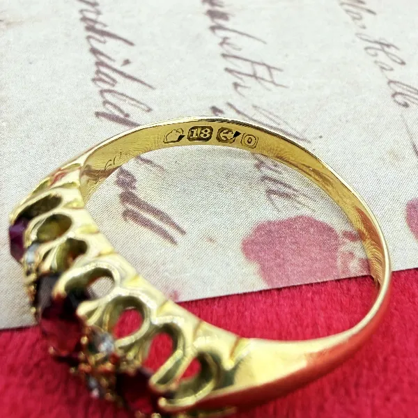 18ct Yellow Gold Antique Ruby and Diamond Boat Ring, Birmingham 1938 — image 8