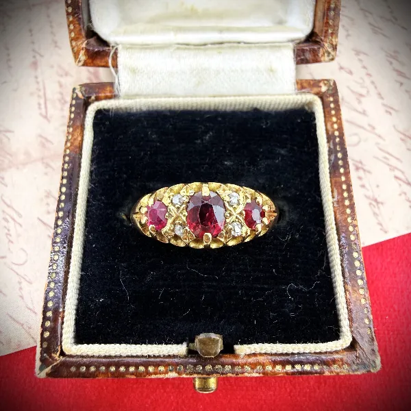 18ct Yellow Gold Antique Ruby and Diamond Boat Ring, Birmingham 1938