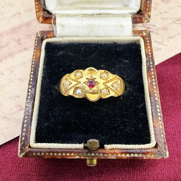 Antique Victorian 15ct Gold Ruby & Seed Pearl Ring, Chester 1899 — image 2