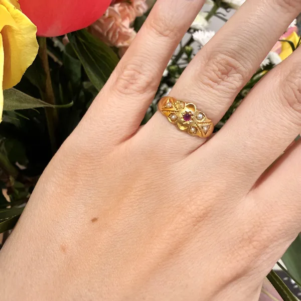 Antique Victorian 15ct Gold Ruby & Seed Pearl Ring, Chester 1899 — image 11