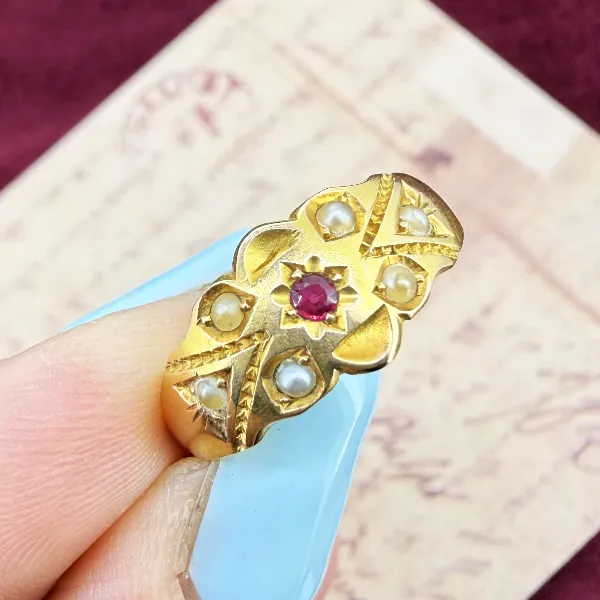 Antique Victorian 15ct Gold Ruby & Seed Pearl Ring, Chester 1899 — image 5