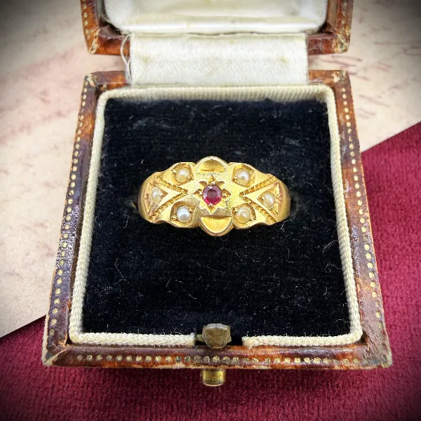 Antique Victorian 15ct Gold Ruby & Seed Pearl Ring, Chester 1899