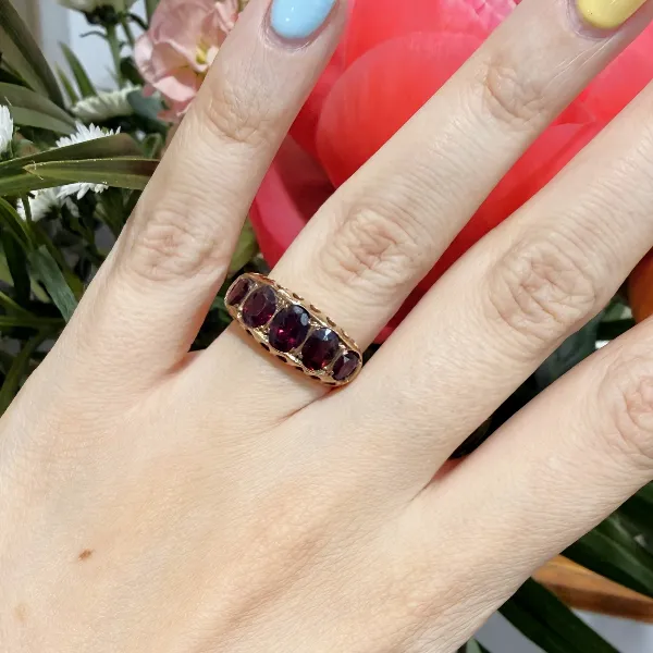 Antique Edwardian 9ct Rose Gold Five Stone Garnet Ring, Chester 1916 — image 11