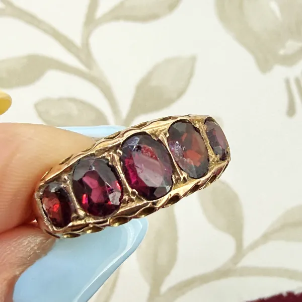 Antique Edwardian 9ct Rose Gold Five Stone Garnet Ring, Chester 1916 — image 5