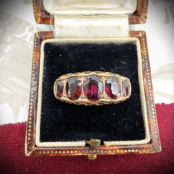 Antique Edwardian 9ct Rose Gold Five Stone Garnet Ring, Chester 1916