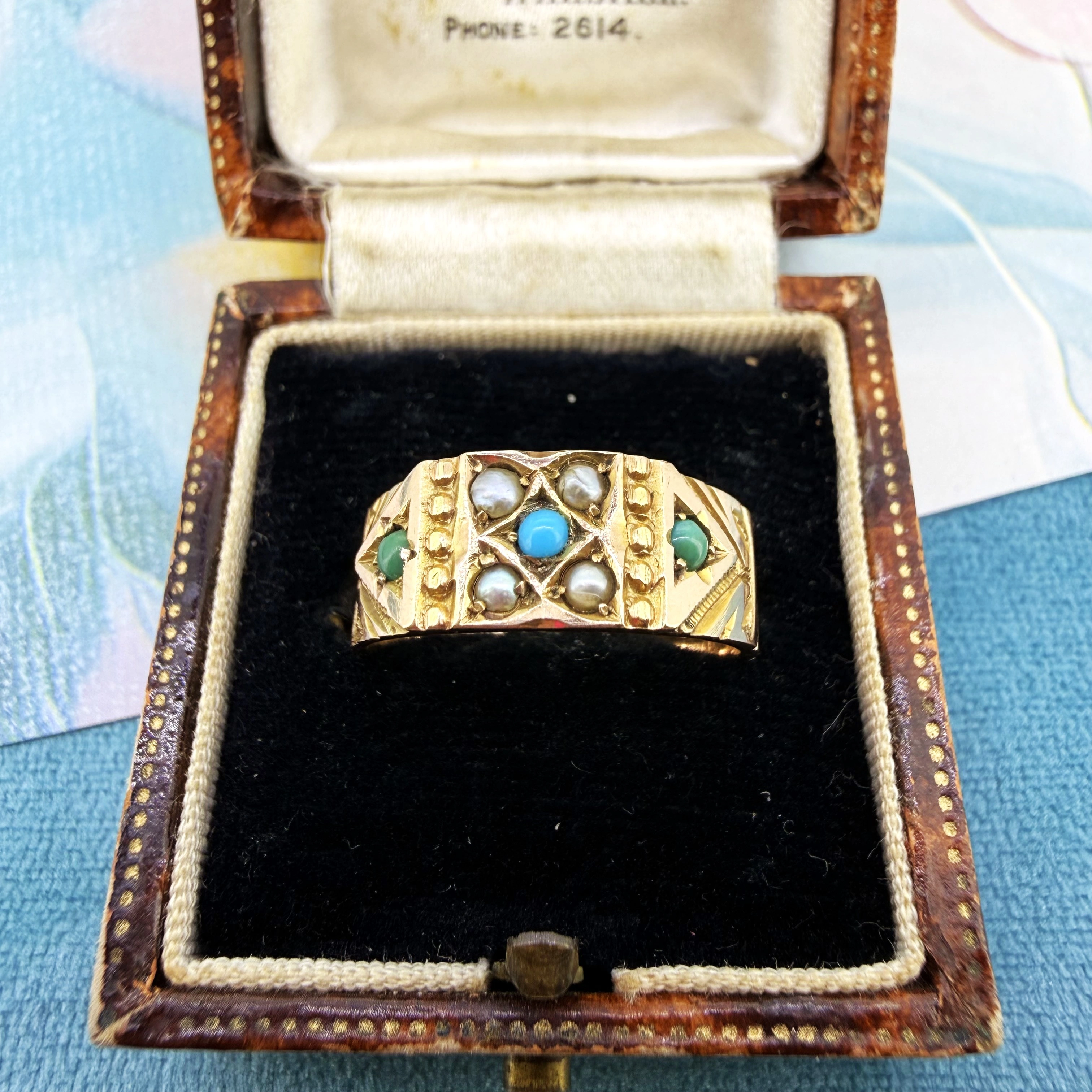 Victorian 9ct Yellow Gold Turquoise and Pearl Ring, Birmingham 1883 — image 2