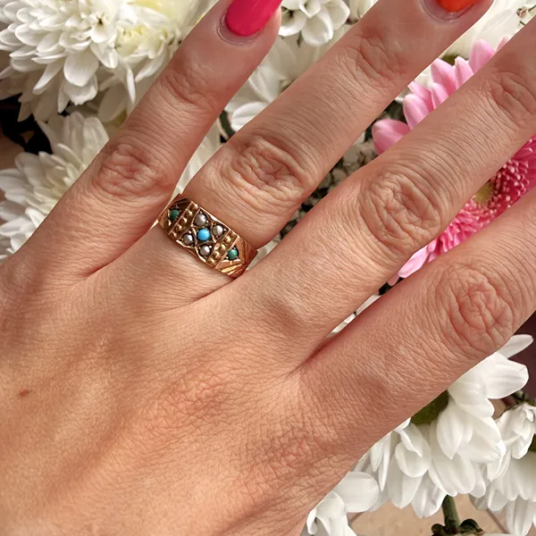 Victorian 9ct Yellow Gold Turquoise and Pearl Ring, Birmingham 1883 — image 11
